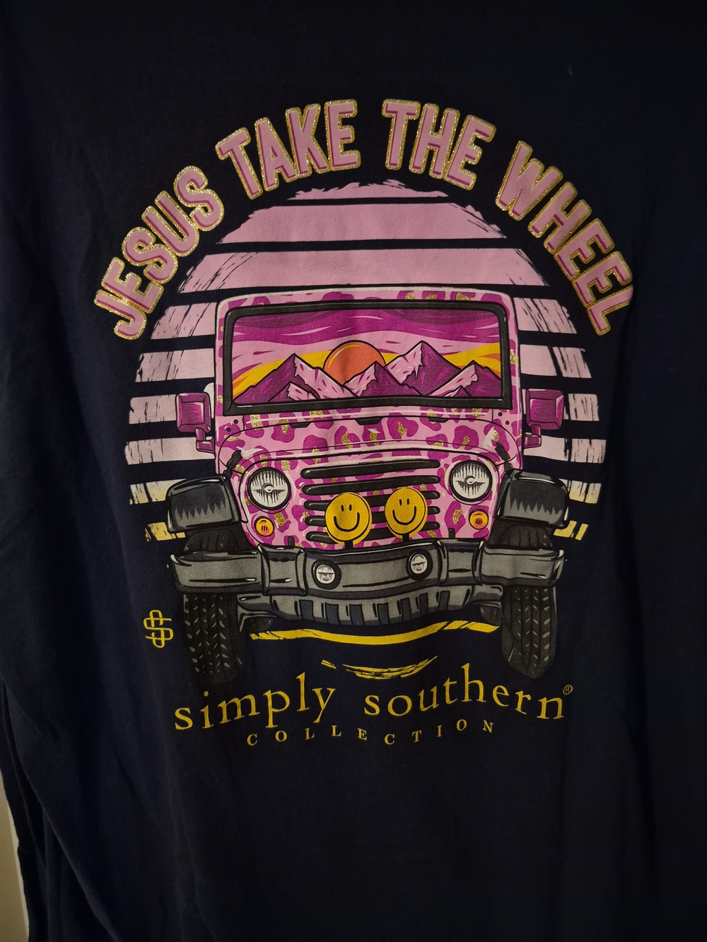 Simply Southern Navy Long Sleeve Tee with Pink Leopard Jeep Graphic